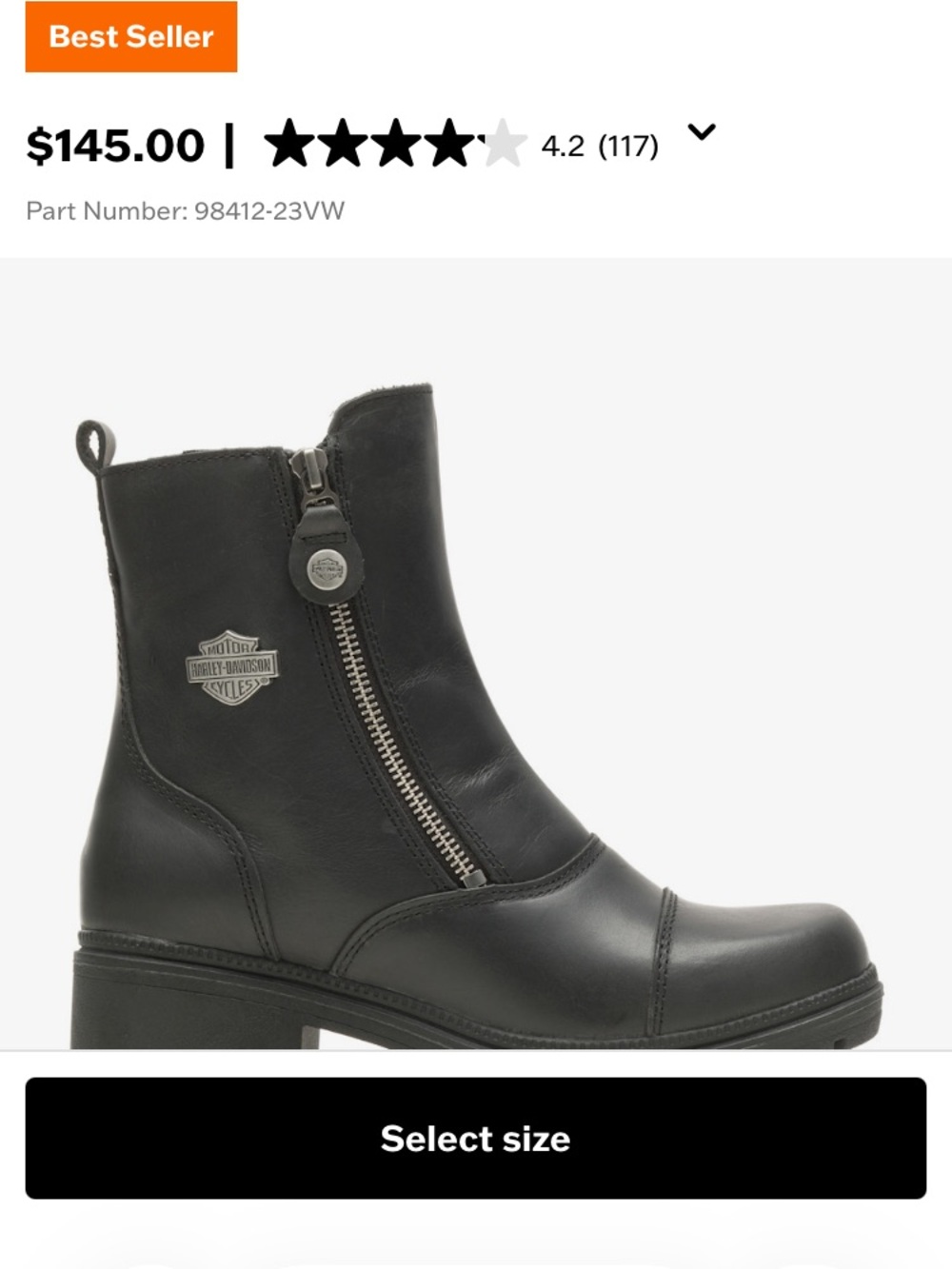 Harley-Davidson Black Leather Side Zip Moto Ankle Boots
